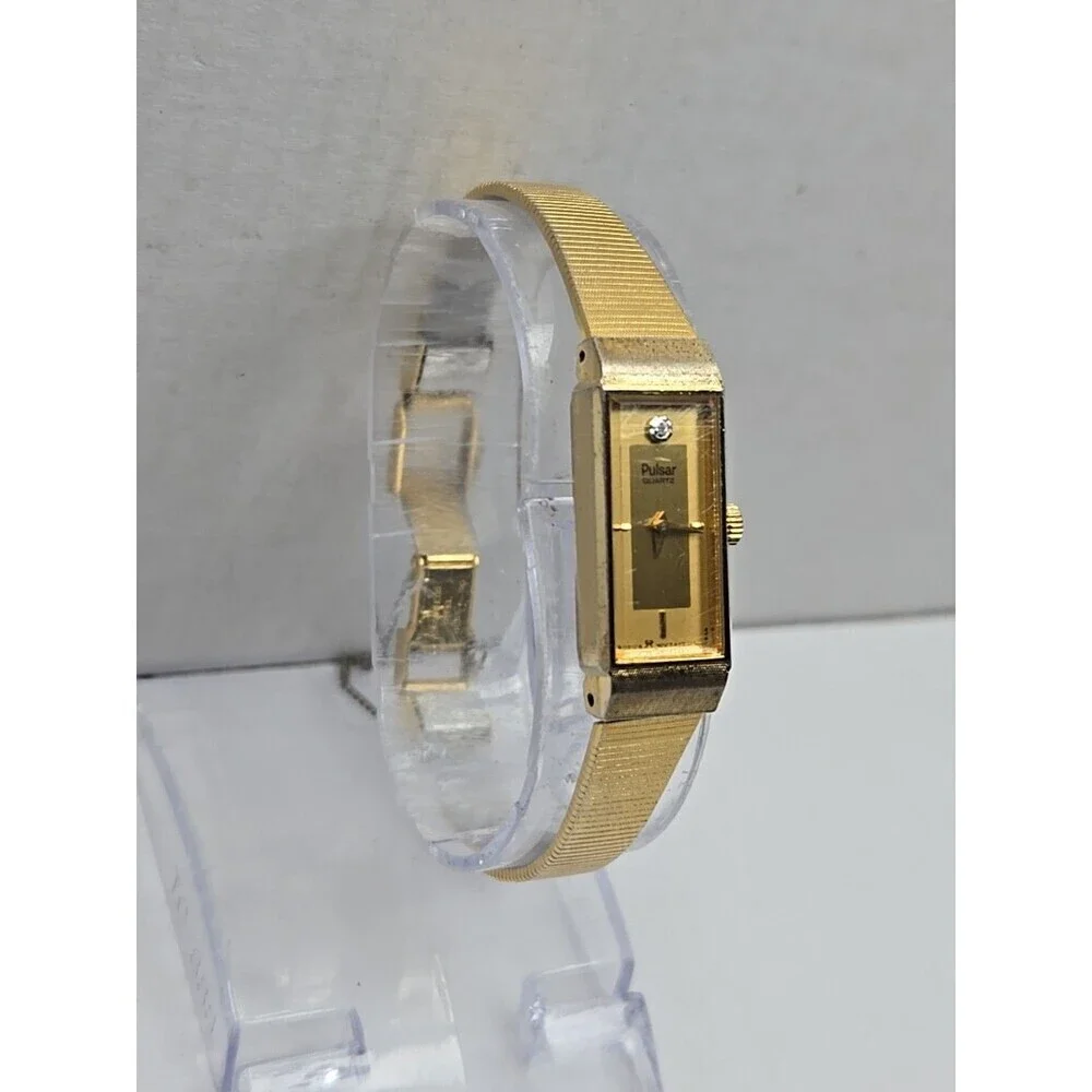 Vintage Pulsar by Seiko Tank Watch Womens Gold Tone Diamond New Battery Sz Small